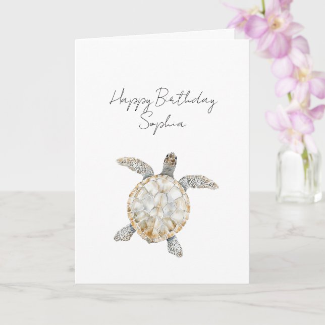 Cream Beach Sea Turtles Birthday Card (Orchid)