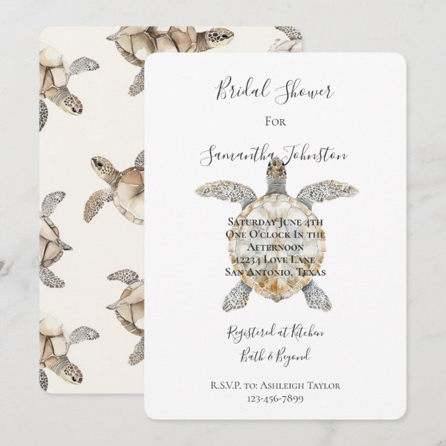 Cream Beach Sea Turtles Bridal Shower Invitation (Front/Back)