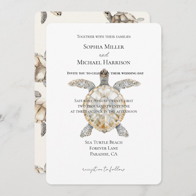 Cream Beach Sea Turtles Wedding Invitation (Front/Back)