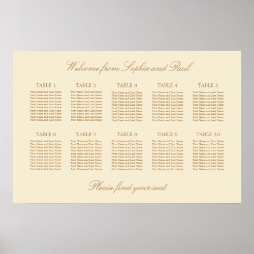 Cream Beige 10 Table Wedding Seating Chart Poster