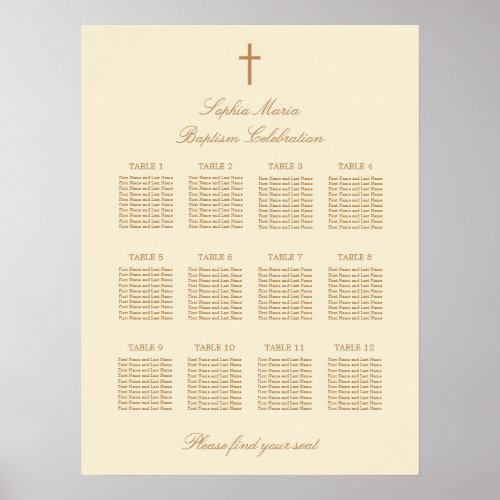 Cream Beige 12 Table Baptism Seating Chart Poster