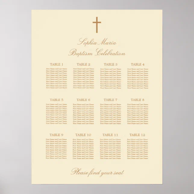 Baptism Table Cream Beige 12 Table Baptism Seating Chart Poster | Zazzle