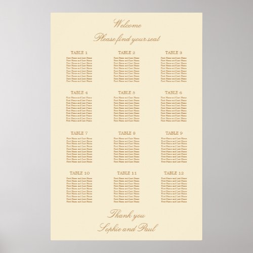 Cream Beige 12 Table Wedding Seating Chart Poster