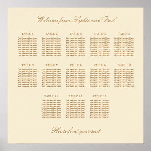 Cream Beige 13 Table Wedding Seating Chart Poster