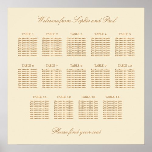 Cream Beige 14 Table Wedding Seating Chart Poster