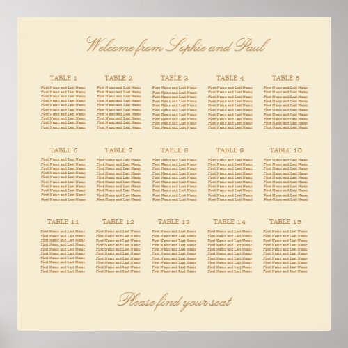 Cream Beige 15 Table Wedding Seating Chart Poster