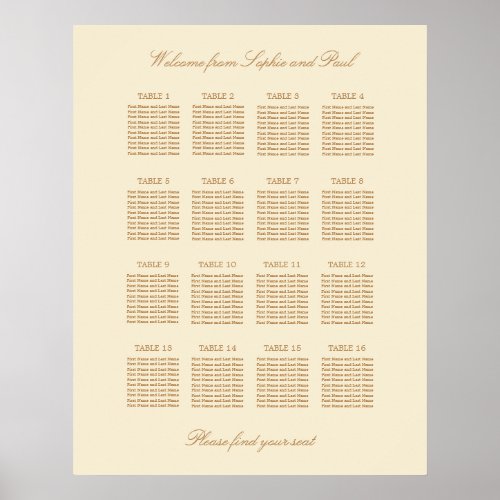 Cream Beige 16 Table Wedding Seating Chart Poster