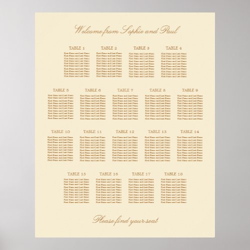 Cream Beige 18 Table Wedding Seating Chart Poster