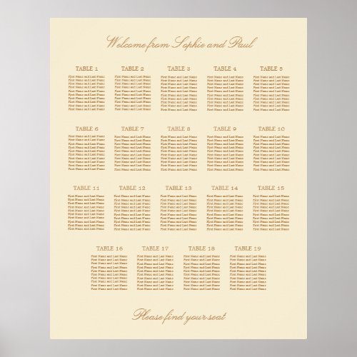 Cream Beige 19 Table Wedding Seating Chart Poster