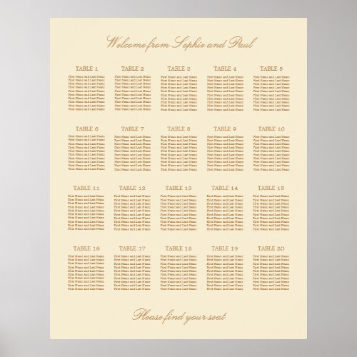 Cream Beige 20 Table Wedding Seating Chart Poster