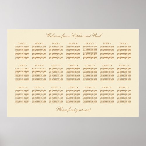 Cream Beige 21 Table Wedding Seating Chart Poster