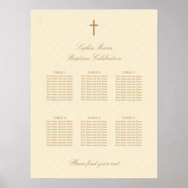 Baptism Table Cream Beige 6 Table Baptism Seating Chart Poster | Zazzle
