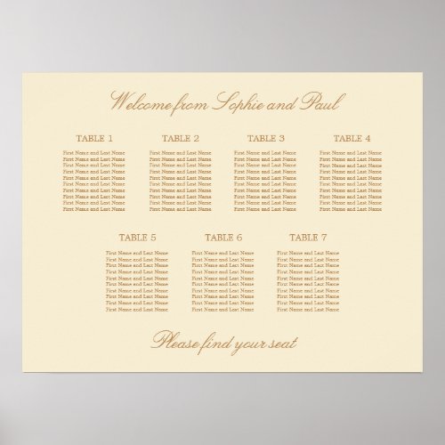 Cream Beige 7 Table Wedding Seating Chart Poster