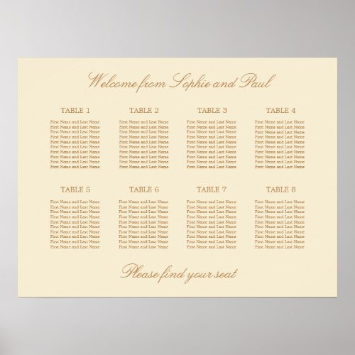 Cream Beige 8 Table Wedding Seating Chart Poster