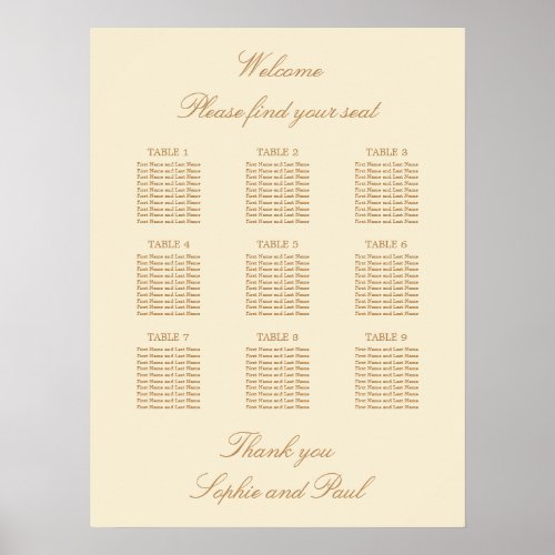 Cream Beige 9 Table Wedding Seating Chart Poster