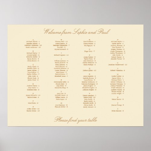 Cream Beige Alphabetical Seating Chart Poster