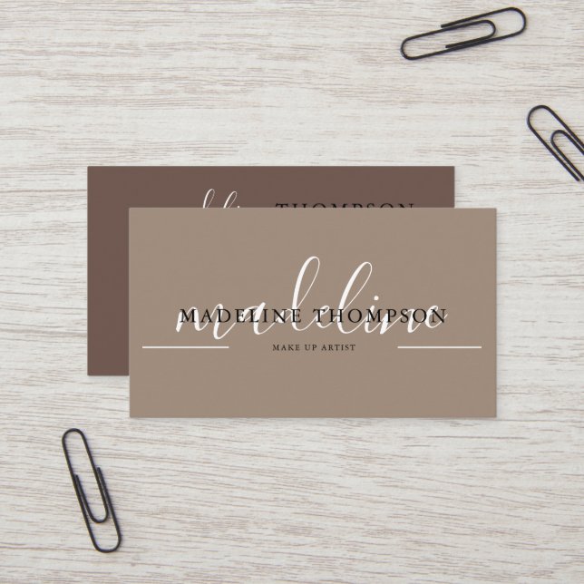 Cream Beige and Brown Calligraphy Script QR code Business Card (Front/Back In Situ)