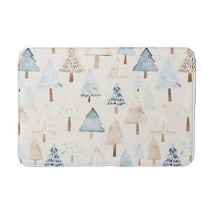 Cream Beige Blue Christmas Trees Bath Mat