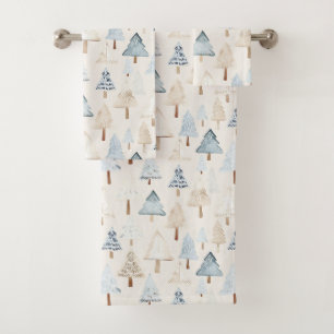 Cream Beige Blue Christmas Trees Bath Towel Set
