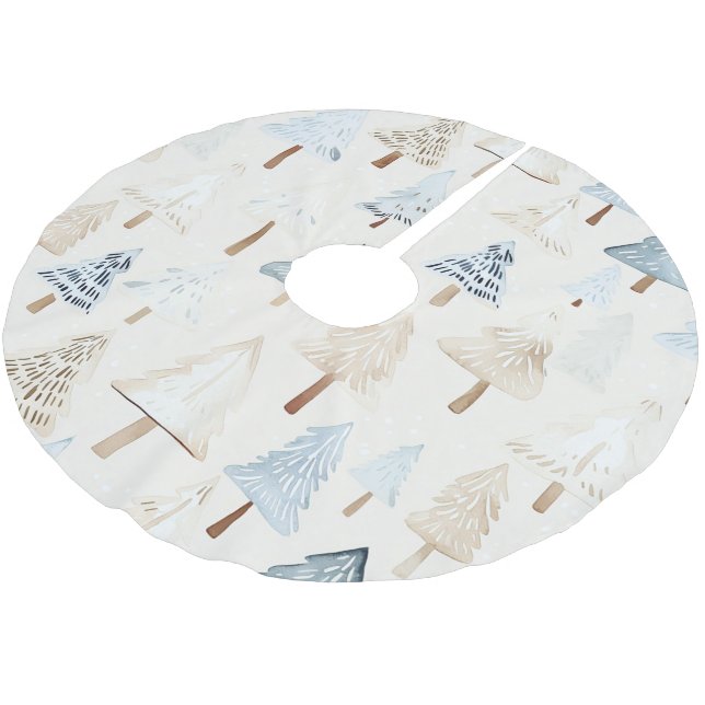 Cream Beige Blue Christmas Trees Brushed Polyester Tree Skirt (Angled)