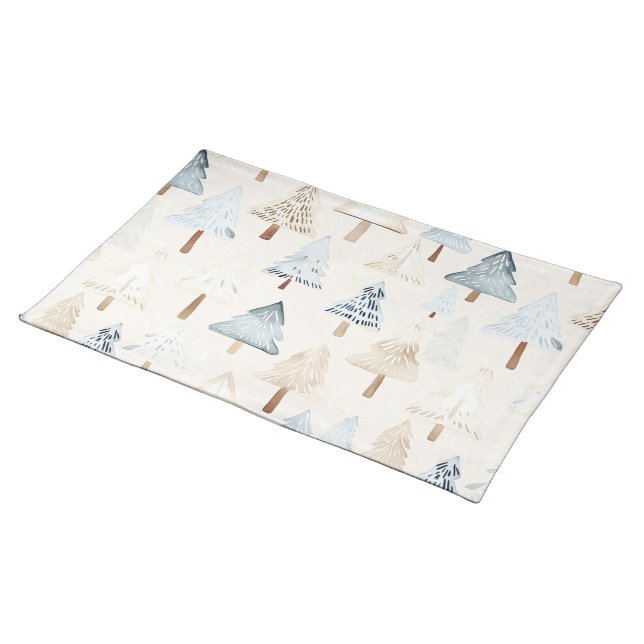 Cream Beige Blue Christmas Trees Cloth Placemat (On Table)
