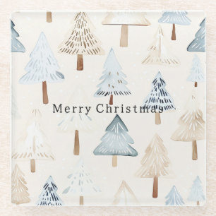 Cream Beige Blue Christmas Trees Glass Coaster