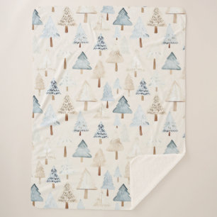 Cream Beige Blue Christmas Trees Sherpa Blanket