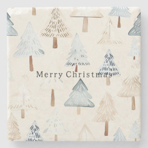 Cream Beige Blue Christmas Trees Stone Coaster