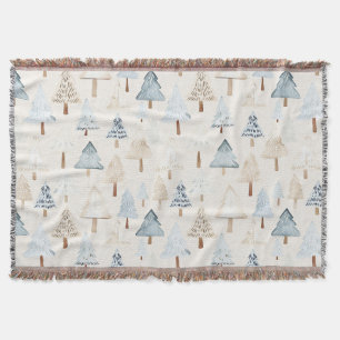 Cream Beige Blue Christmas Trees Throw Blanket
