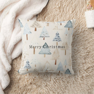 Cream Beige Blue Christmas Trees Throw Pillow