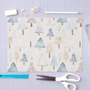 Cream Beige Blue Christmas Trees Tissue Paper