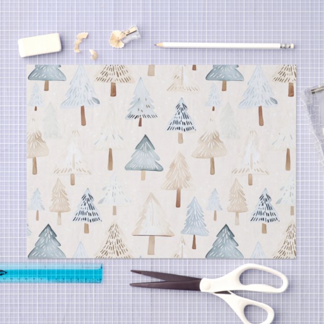 Cream Beige Blue Christmas Trees Tissue Paper (Craft)