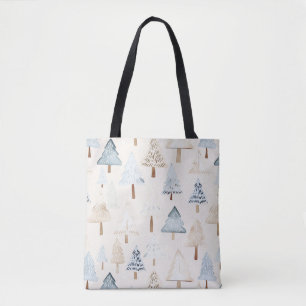 Cream Beige Blue Christmas Trees Tote Bag