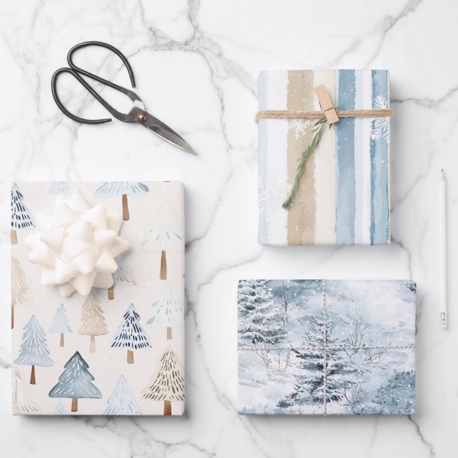 Cream Beige Blue Christmas Trees Winter Snow Wrapping Paper Sheets (Front)