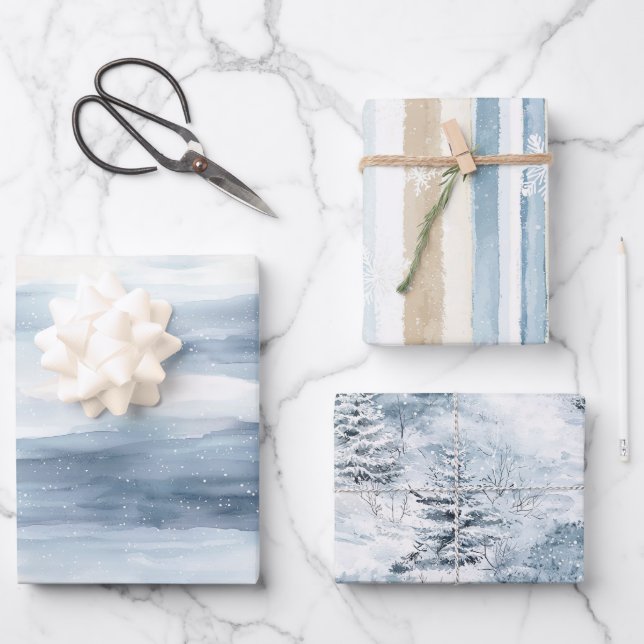 Cream Beige Blue Christmas Trees Winter   Wrapping Paper Sheets (Front)