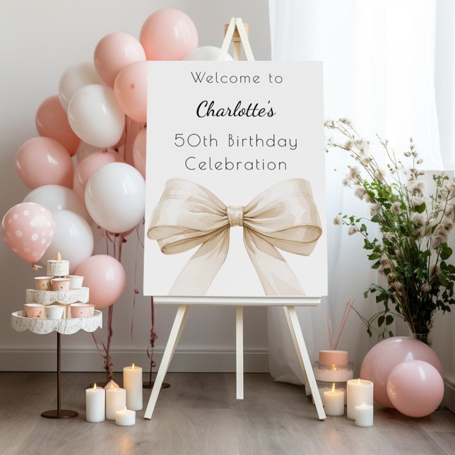 Cream beige bow white birthday party welcome foam board (Creator Uploaded)