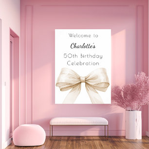 Cream beige bow white birthday party welcome poster