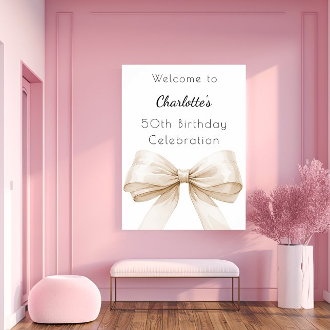 Cream beige bow white birthday party welcome poster (Creator Uploaded)