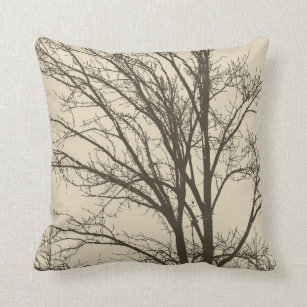 Cream Beige Brown Tree Branches Throw Pillow