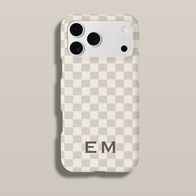 Cream Beige Checkerboard Checker Monogram iPhone Case (Tan Cream Checkerboard Phone Case with Custom Initials)