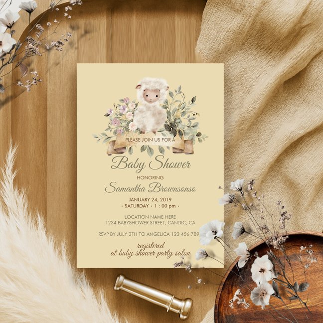 Cream Beige Flower Cute Sheep Lamb Invitation