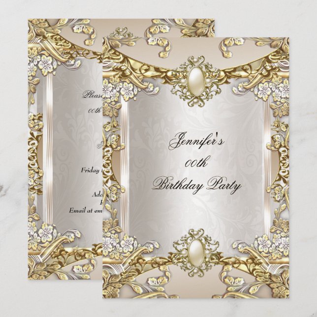 Cream Beige Gold Pearl Damask Birthday Party 2 Invitation (Front/Back)