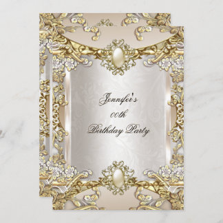 Cream Beige Gold Pearl Damask Birthday Party 2 Invitation
