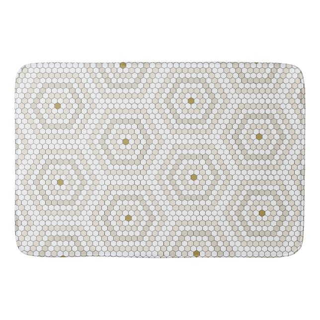 Cream & Beige Hexagon Penny Tile Hex Tile Pattern Bath Mat (Front)