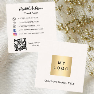 Cream beige logo QR code social media Square Business Card
