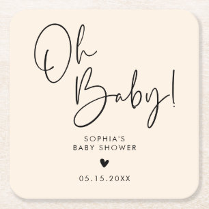 Cream Beige Oh Baby Modern Boho Baby Shower Square Paper Coaster