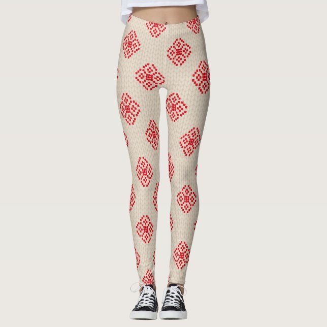 Cream Beige Red Snowflake Christmas Leggings (Front)