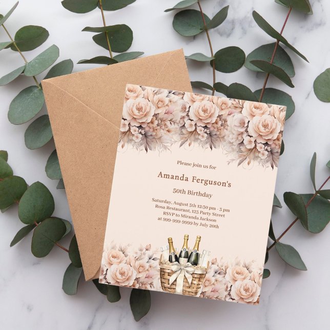 Cream beige roses florals boho birthday invitation (Creator Uploaded)
