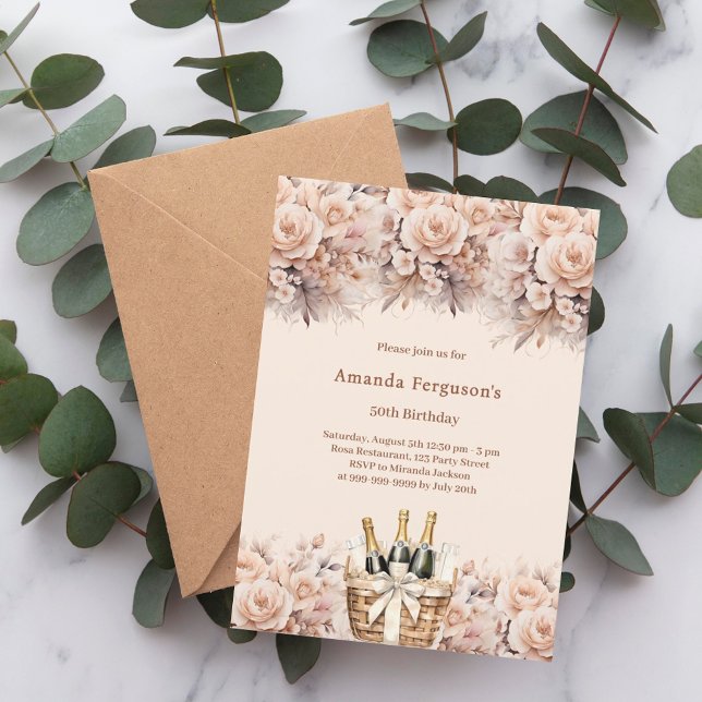 Cream beige roses florals boho birthday invitation (Creator Uploaded)