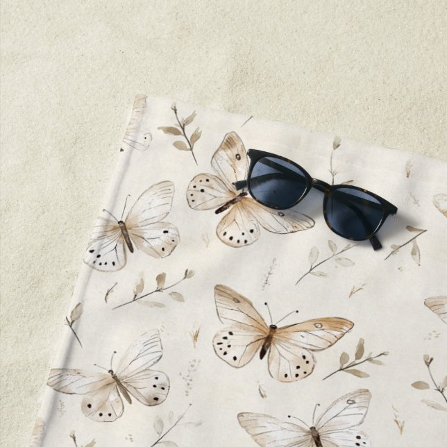Cream Beige Sand Butterflies Beach Towel (In Situ)